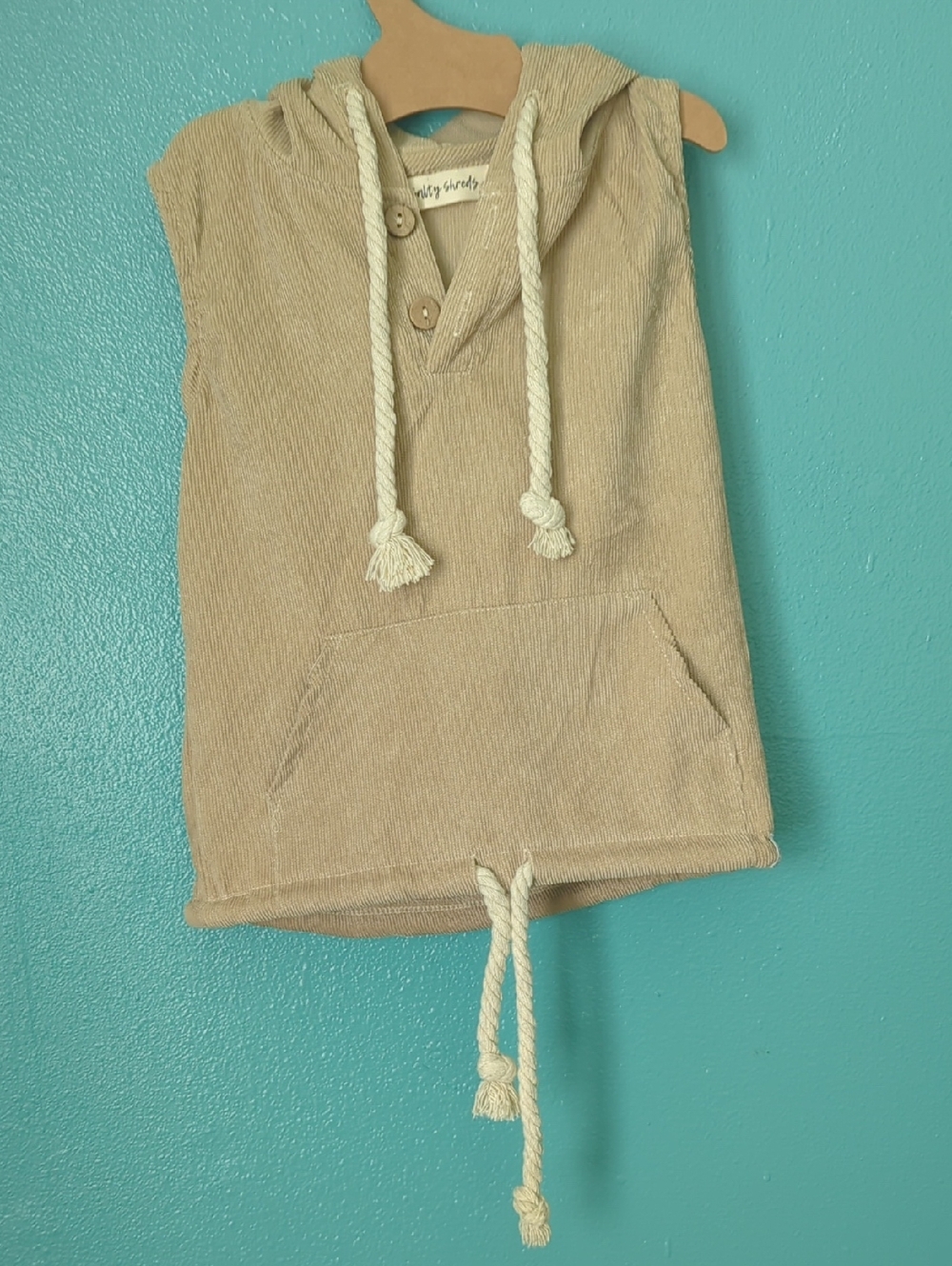 Sleeveless Hooded Cordory with Rope Drawstrings - Tan